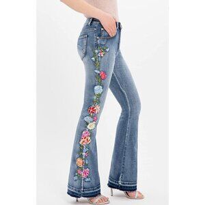 Floral Embroidered Patch High Waisted Flare Bell Bottom Blue Medium Denim Jeans‎